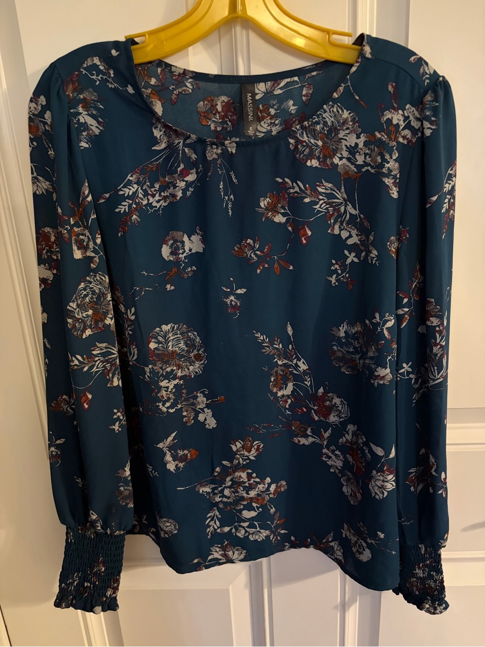 Massini Teal Floral Long-Sleeve Top with Smocked Cuffs
